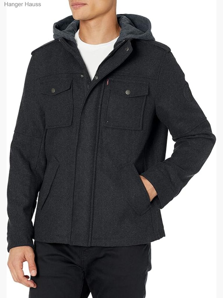 Wool Blend Hooded Military Jacket With Zipper And Snaps